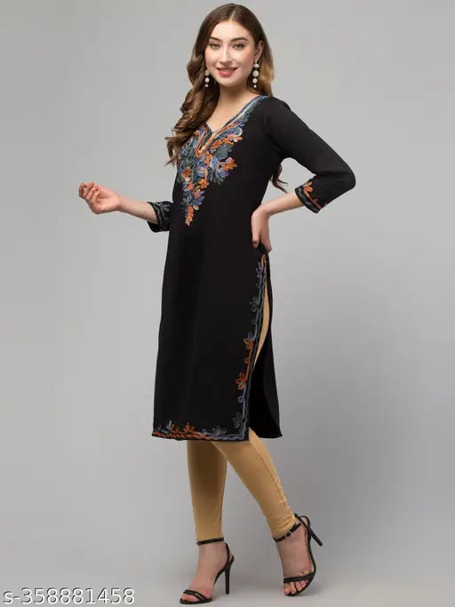 Embroidered wool lace designer party kurti, long sleeves, embroidered details