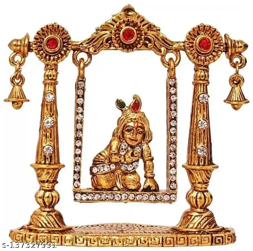 Metal Makhan Chor Radha Krishna Jhula, Indian automobile showpiece figurine, size 5x10x1.5cm
