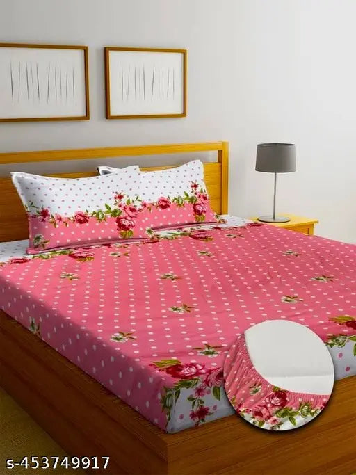 Pink premium cotton bedsheet, botanical print, fitted for king size double bed, up to 8 inches mattress, includes 2 pillow covers
