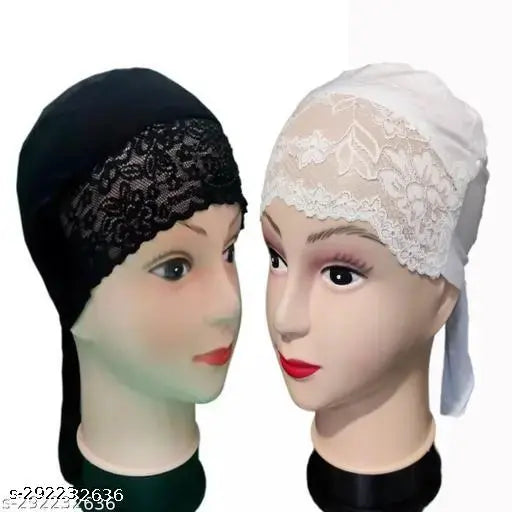 Black and white hijabs, with one adorned in lace. This pack consists of two caps