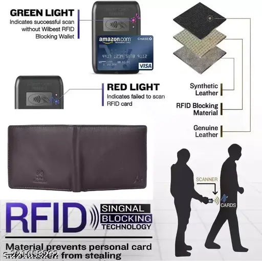 Brown genuine leather wallet and pen combo, RFID protected with two compartments and textured pattern. Perfect accessory for men's everyday essentials