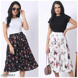 Black and white floral pleated midi skirt with ruffle trim, short sleeved white blouse