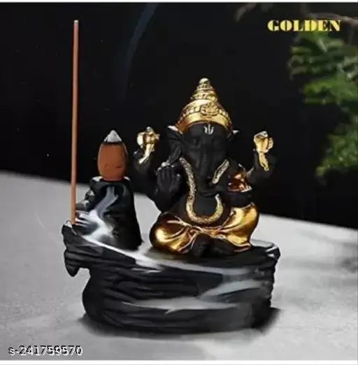 Handcrafted poly resin Ganesh water fountain with backflow incense burner and 10 incense cones, Indian home decor item