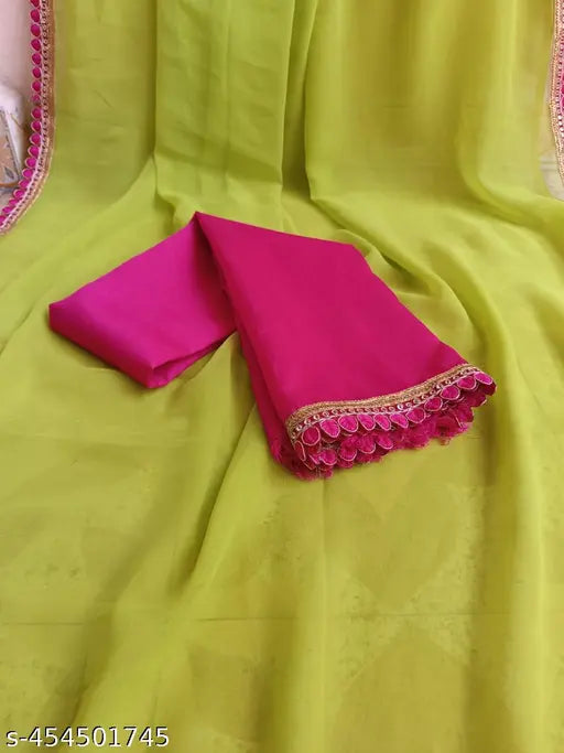 Parrot color Georgette saree with embroidered pattern, trendy Indian fabric for free size