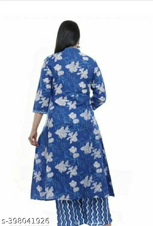Blue rayon printed front cut kurta plazzo set for women and girls, long sleeves, flared hem