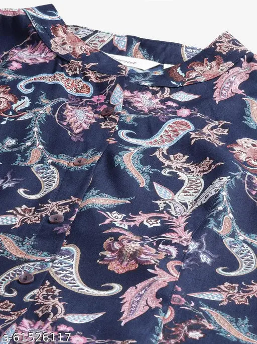 Divena blue printed rayon top: three-quarter sleeves, semi-collared, apple bottom cut. Elegant casual wear made in India