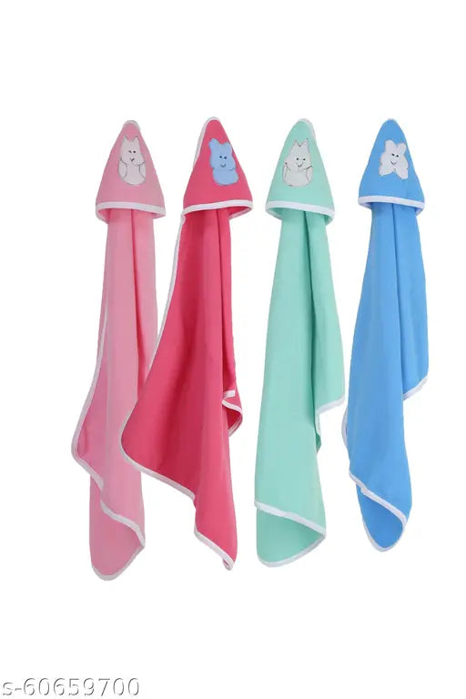 Fleece hooded baby blanket pack of 4, soft and warm AC fleece for mild winter, cartoon print, 4 blankets (N) each 36x24cm from India