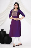 Purple art silk embroidered A-line kurti with three-quarter sleeves, for stylish retro women's wear. Made in India