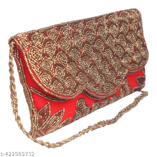 Golden beaded clutch with floral design