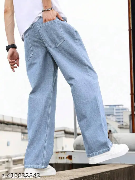 Mens blue denim baggy jeans - solid pattern, size 30 (waist 30in, length 38in, hip 37in), handcrafted in India