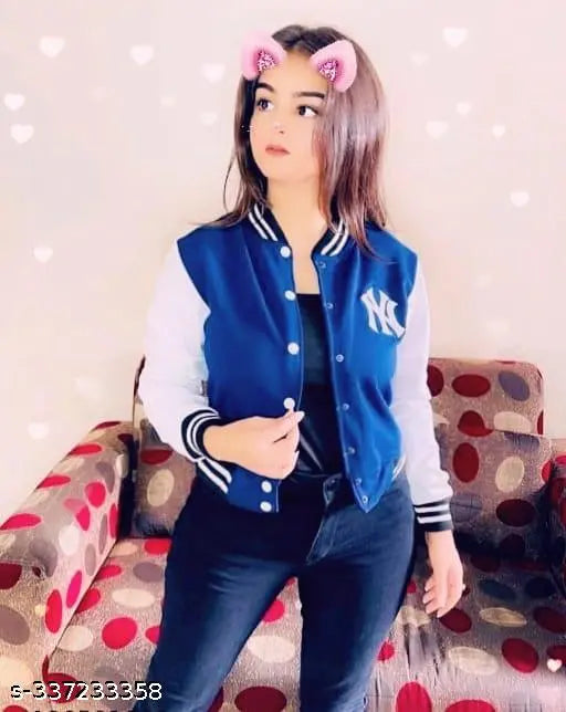 Petrol blue full sleeve stylish NY jacket, zip closure