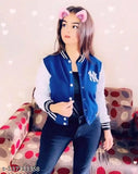 Petrol blue full sleeve stylish NY jacket, zip closure