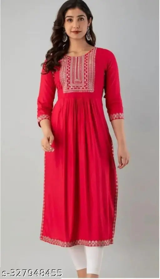 Rayon embroidered red Naira cut kurta with three-quarter sleeves, India origin, women's fashion wear for special events