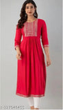 Rayon embroidered red Naira cut kurta with three-quarter sleeves, India origin, women's fashion wear for special events