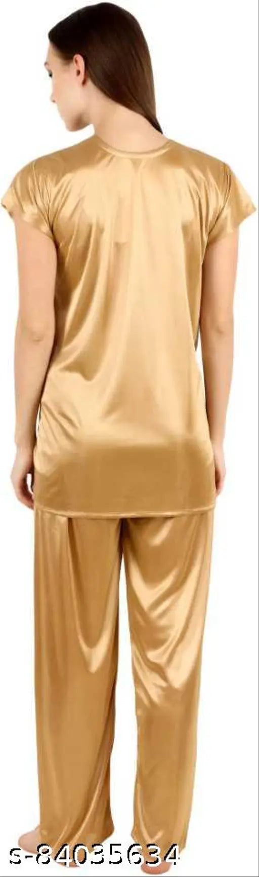 Cotovia women's gold satin self-design pyjama suite, solid pattern in muted tones, featuring short sleeves and matching bottoms