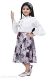 Pink and white patterned flared skirt with puffy ruffle sleeves, suitable for formal events or casual outings