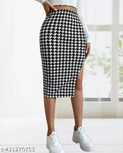 The image features a stylish black and white houndstooth side cut skirt