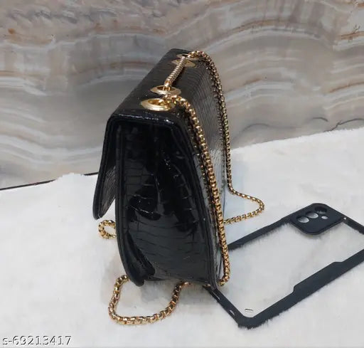 Black croc leather sling bag with multiple card slots and adjustable chain strap