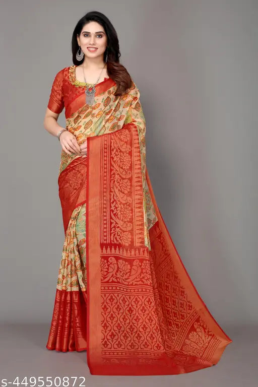 Red chiffon Brasso printed saree with unstitched blouse piece, fancy stylish Indian bridal wear for weddings