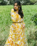 Yellow Georgette gown with long sleeves, featuring a printed floral combo