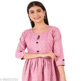 Stitched Cotton Blend Pink Frock Dress for girls, three-quarter sleeves, printed pattern, India origin