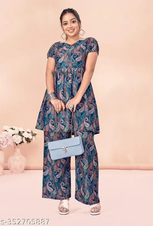 Bosaru women's coord set with leaf print cotton blend, printed net kurta and palazzos on display