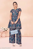 Bosaru women's coord set with leaf print cotton blend, printed net kurta and palazzos on display