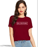 Black Pink Printed Round Neck Cotton T-shirt for Women & Girls on display stand