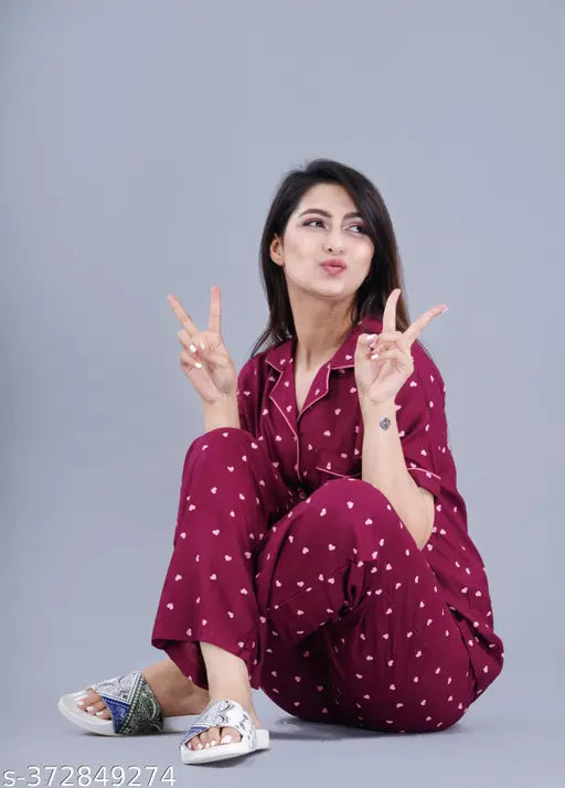 Women's printed rayon nightwear shirt & pyjama set, collared neck and short sleeves, Indian-made sleepwear for women and girls
