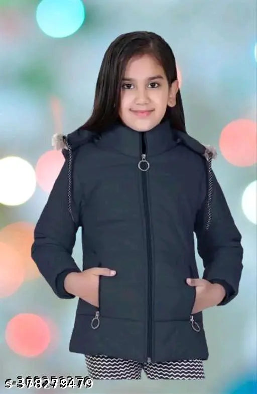 Girls black zip-up winter coat with hood, long sleeves