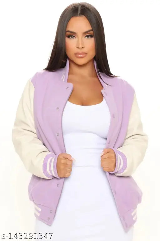Hustle Bustle unisex lavender cottonblend varsity jacket, solid color with print motif, perfect for casual or sporty style