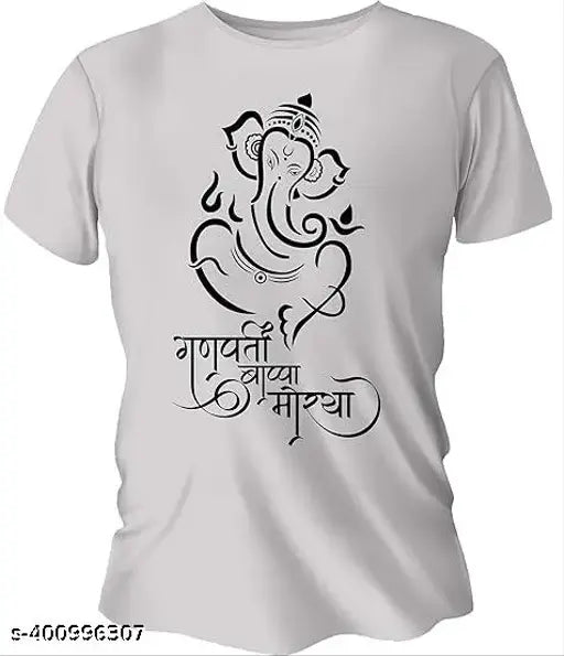 Ganpati Bappa Moryaa printed polyester t-shirt in poly blend, short sleeves for men and women, Indian festive wear on hanger