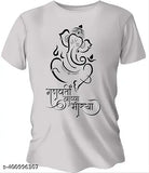 Ganpati Bappa Moryaa printed polyester t-shirt in poly blend, short sleeves for men and women, Indian festive wear on hanger