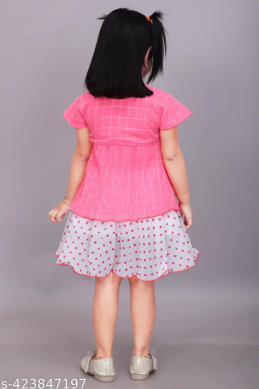 Cute fancy cotton blend printed dress set for girls, solid top with three-quarter sleeves and printed bottom, sizes 6-9 months to 8-9 years