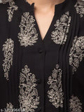 Rayon black Jaipuri tunic with front pleats, 3/4 sleeves & mandarin collar - Indian ethnic wear in size 34