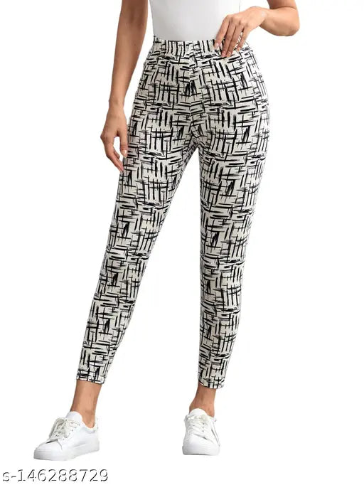 Printed lycra jeggings for women's workout, stylish and full-length with elastic waist, available in sizes 26, 28, 30, 32 (Waist 26/28/30/32, Hip 30/32/34/36, Length 39in), made in India