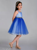 Blue embellished party wear dress, children's party attire, colorful balloon print fabric