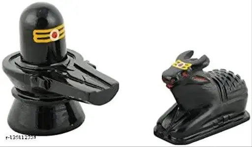 Black Marble Stone Shivling & Nandi Idol - Traditional Home Temple Decor, 14L x 10W x 8H cm
