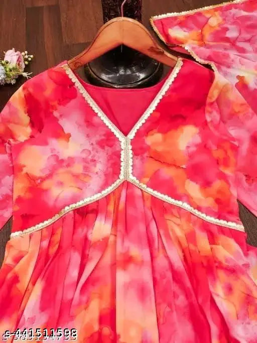 Trending Georgette floral printed long gown kurta dress with dupatta set, vibrant colors and Aalia cut