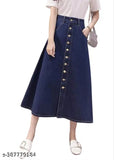 Navy Blue Ten-Buttoned Denim Maxi A-Line Skirt for Women - Breathable, lightweight, home washable, and trendy. Solid pattern, suitable for all body types. Available sizes: 26, 28, 30, 32, 34, 36, 38, 40, 42, 44, 46, and 48 (inches). Made in India