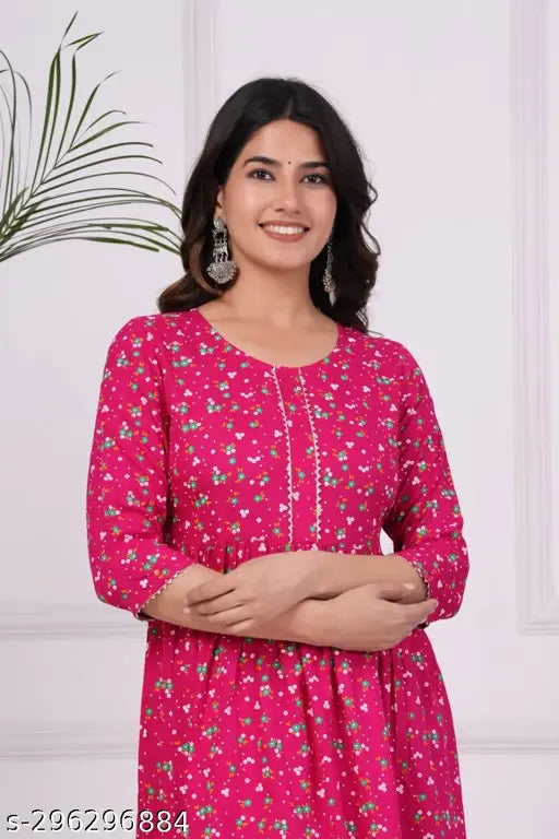 Rayon printed Anarkali Kurta, three-quarter sleeves, vibrant floral design with lacework. Premium quality, S-XXXL sizes, India-origin fashion clothing