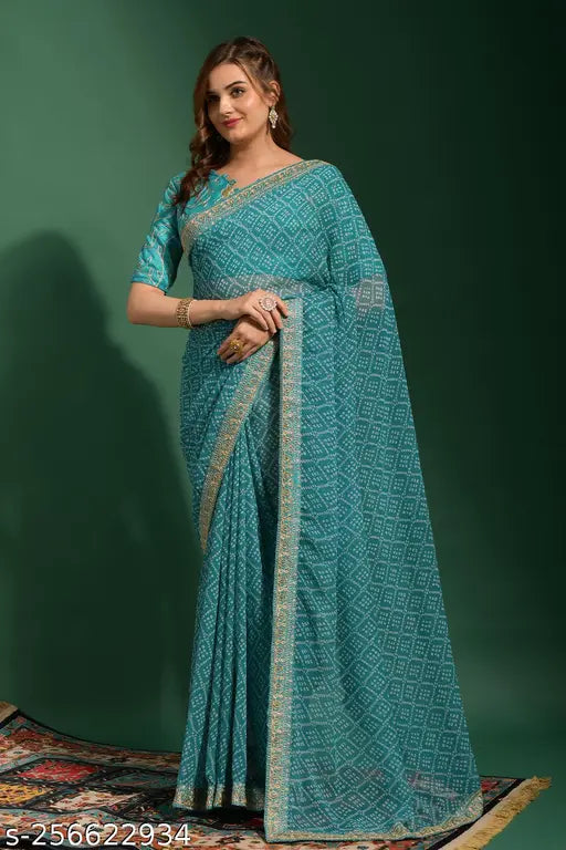 Bandhani printed chiffon saree with embroidered border and blouse, vibrant Indian tie-dye design on free size fabric