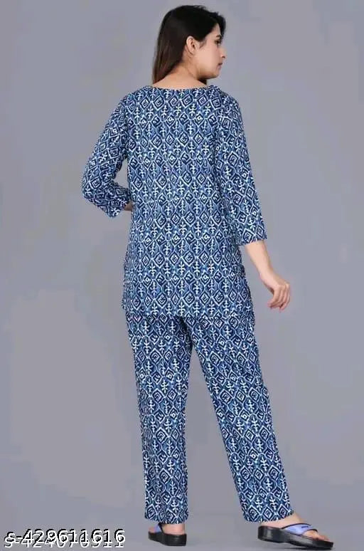 Rayon printed nightsuit, three-quarter sleeves, Indian-made sleepwear set