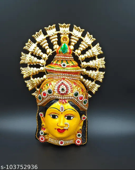 Golden brass Varamahalakshmi idol, 8-inch Varalakshmi devi face with golden arch, traditional Indian god statue on offering platter