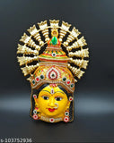 Golden brass Varamahalakshmi idol, 8-inch Varalakshmi devi face with golden arch, traditional Indian god statue on offering platter