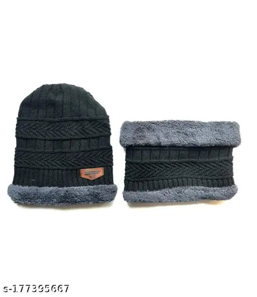 Black woolen Winter Woolen Cap With Neck Warmer Combo, ultra soft and unisex, perfect for autumn-winter season