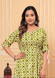 Green Printed Rayon Anarkali Kurti, three-quarter sleeves, Indian design and craftsmanship