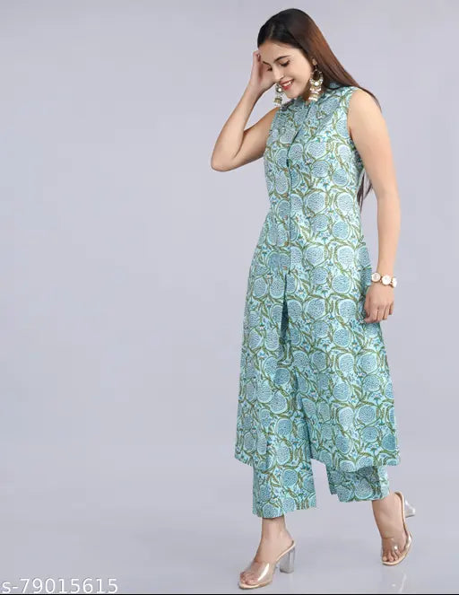 Cotton printed sleeveless kurta with plazzo set, Indian ethnic wear made from fine cotton cambric