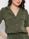 Army green crepe women's playsuit, solid pattern, short sleeves, above-knee length, waist tie-ups, casual wear, India origin