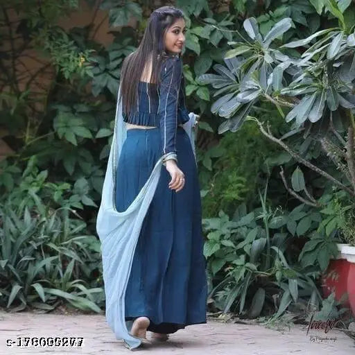 Blue Rayon Crop Top with Dupatta and Palazzo set - Embellished net, party-ready Kurta for women's outings